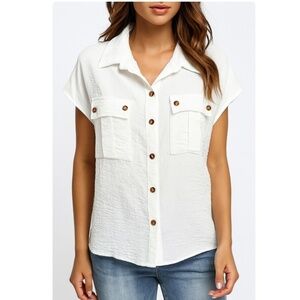 Noracora Button Up Cap Sleeve Crinkle Blouse Off White Size Medium